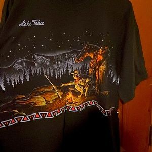 Lake Tahoe Cowboy scene. size large print on front and back